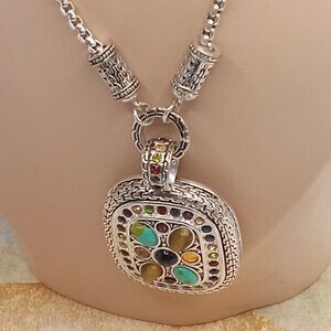 SOUTHWEST Style Multi Gemstone Pendant NECKLACE Silvertone Chain w/Ext